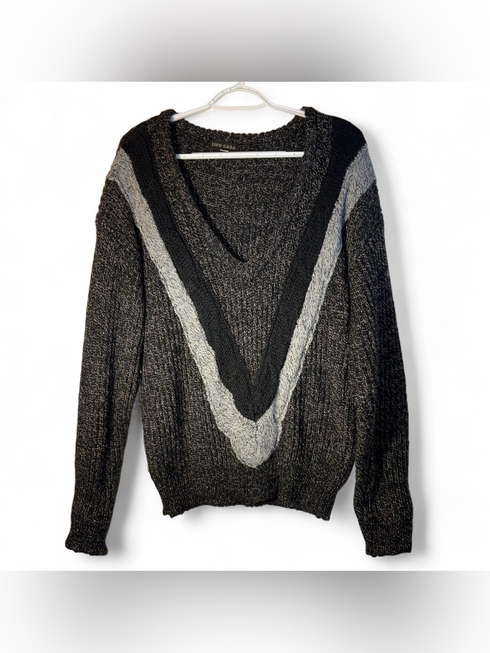 V-Neck Chevron Knit Sweater Cardigan - Black & Gray